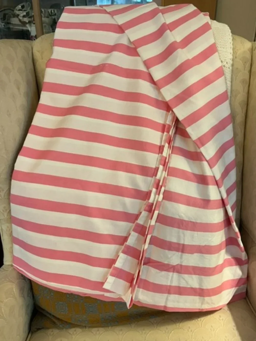 Pink and white cotton shower curtain